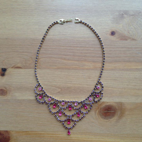 Vintage Pink and Purple Rhinestone Necklace Signed Amael