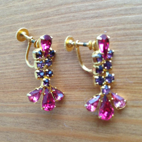 Vintage Pink and Purple Rhinestone Earrings Signed Amael